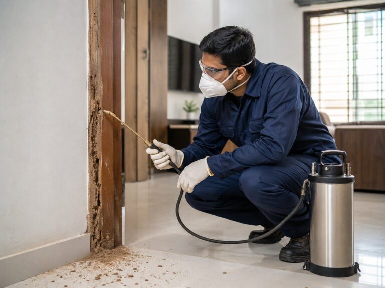 Pest control technician spraying inside a home